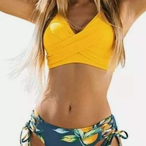 Yellow Cross-Front Bikini Top and Floral Bottoms